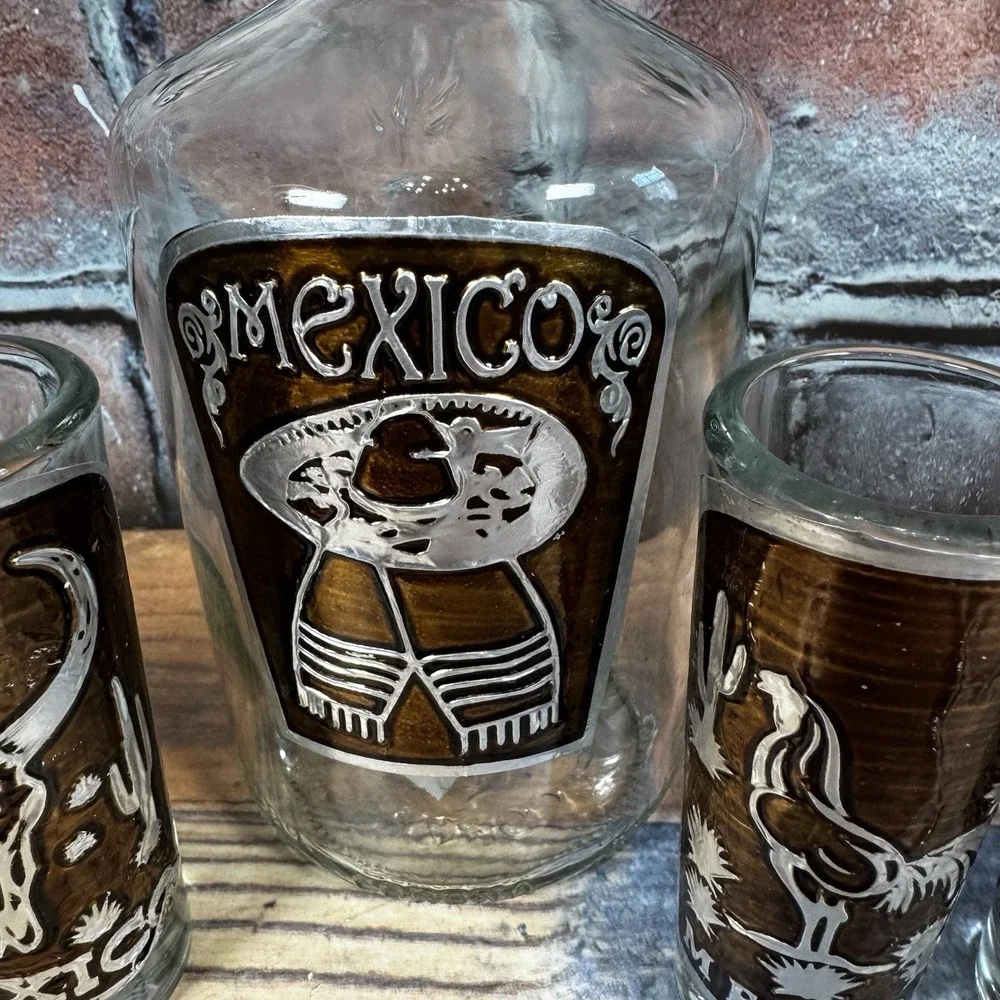 Vintage Mexican Tequila Set Decanter 6 Shot Glasses Silver Brown Overlay Barware